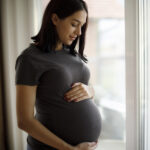Portrait of young happy pregnant woman standing by the window