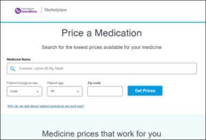 screen showing price a medication webpage