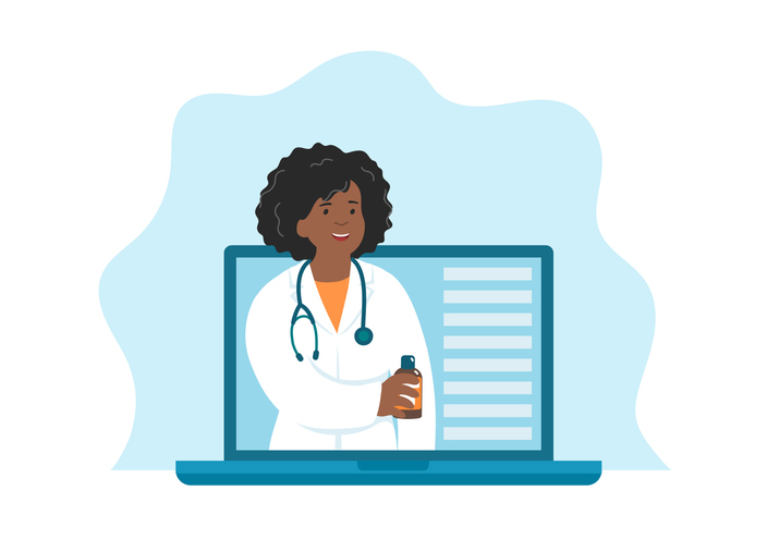 Online female african doctor with a bottle of medicine. Online pharmacy, healthcare consultation, medical examination, medicine order. Vector illustration.