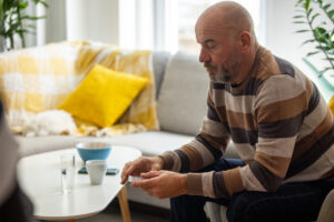 Caucasian senior man sitting on the sofa while fighting addiction