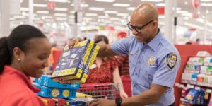 Firefighter buying toys in Houston, TX