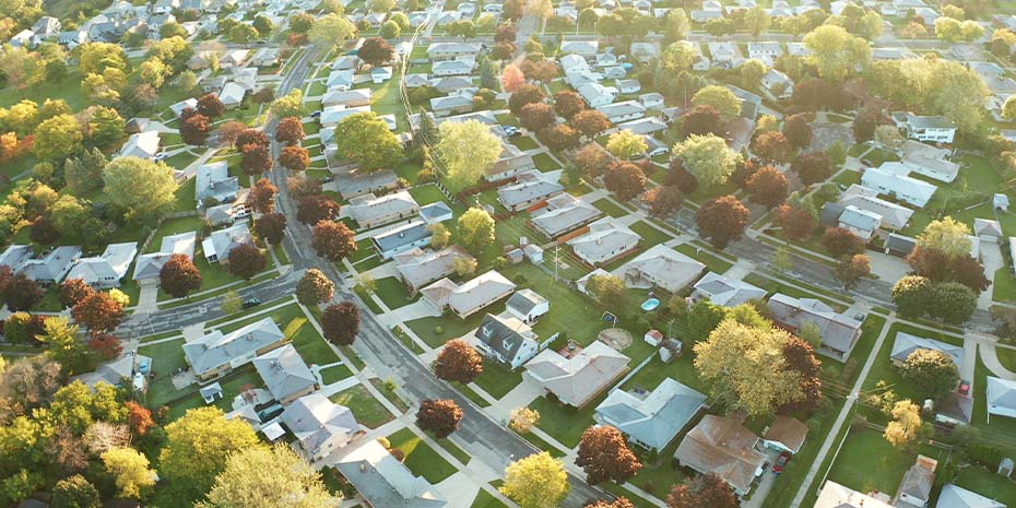 aerial view of houses in neighborhood
