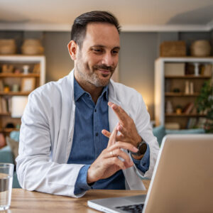 A doctor engages in a video conference, providing a medical consultation to a patient remotely. 